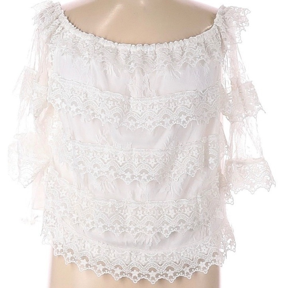 Lipsy London White Lace Ruffle Off Shoulder Top US 2 Party
